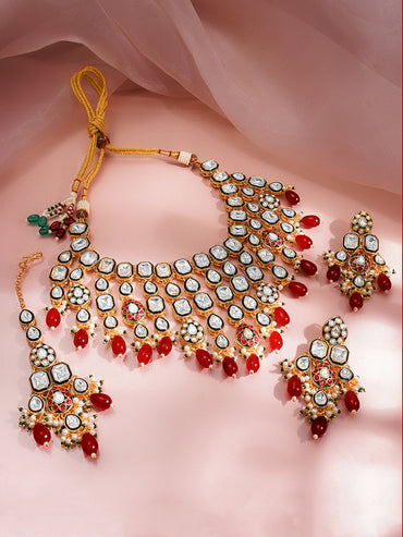 Rubans 18K Gold Plated Brass Kundan Layered & Red Beaded Choker Jewellery Set