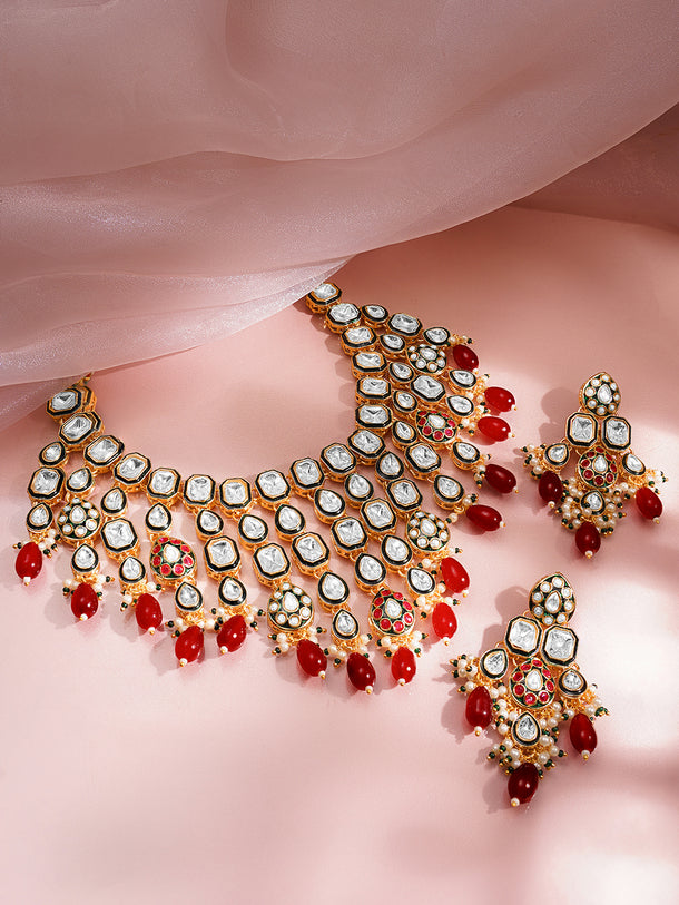 Rubans 18K Gold Plated Brass Kundan Layered & Red Beaded Choker Jewellery Set