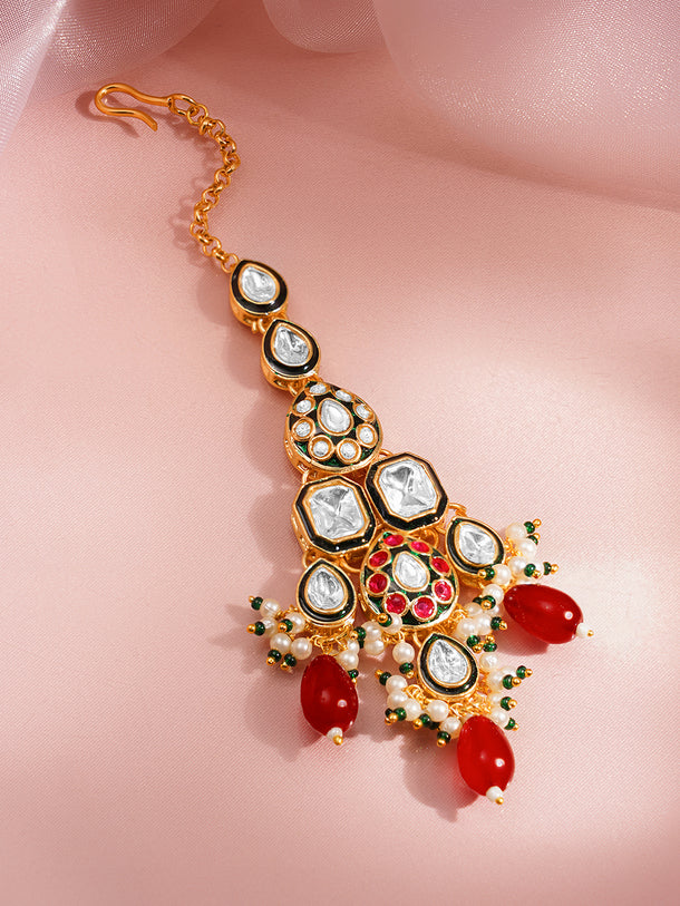 Rubans 18K Gold Plated Brass Kundan Layered & Red Beaded Choker Jewellery Set