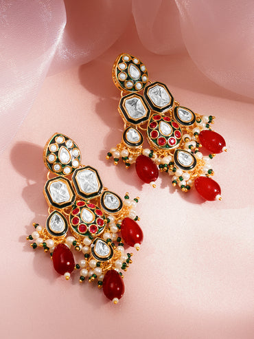 Rubans 18K Gold Plated Brass Kundan Layered & Red Beaded Choker Jewellery Set