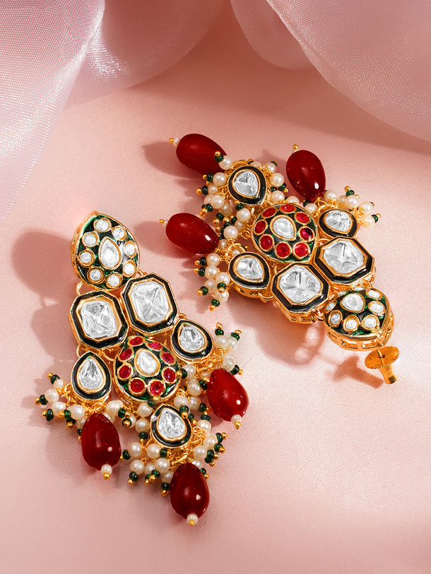 Rubans 18K Gold Plated Brass Kundan Layered & Red Beaded Choker Jewellery Set
