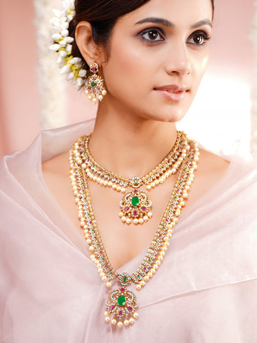 Gold Plated Regal Ruby-Emerald Pearl-Fringed Layered Necklace Set with Maang Tikka