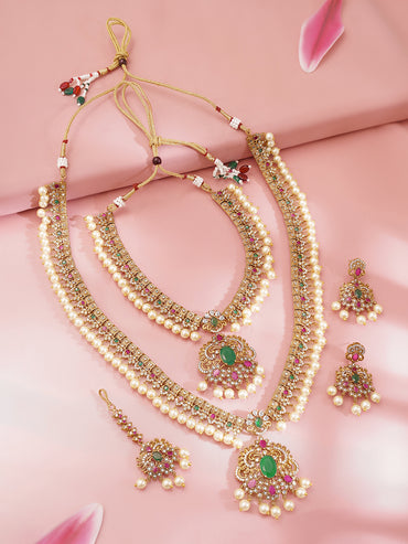 Gold Plated Regal Ruby-Emerald Pearl-Fringed Layered Necklace Set with Maang Tikka