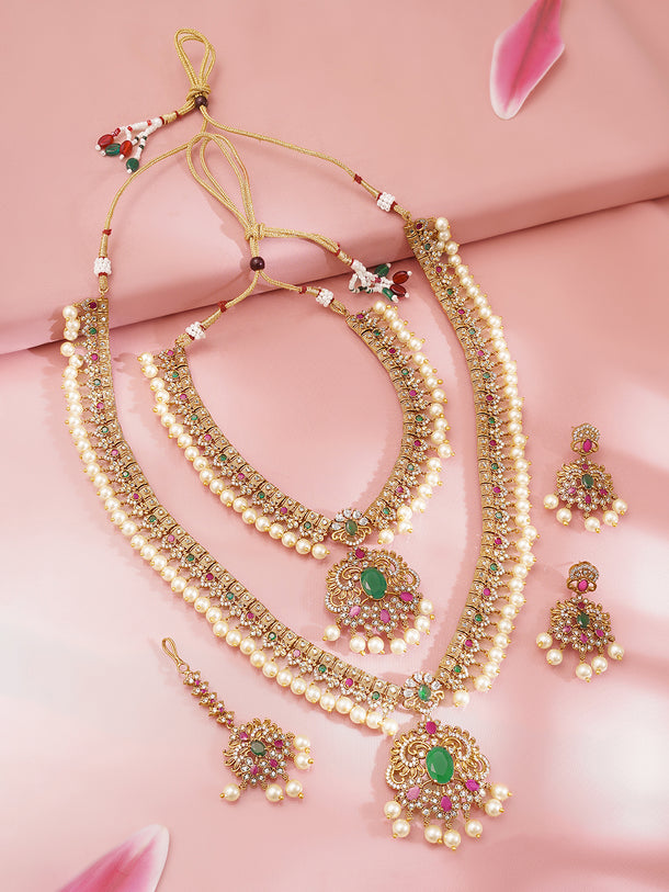 Gold Plated Regal Ruby-Emerald Pearl-Fringed Layered Necklace Set with Maang Tikka
