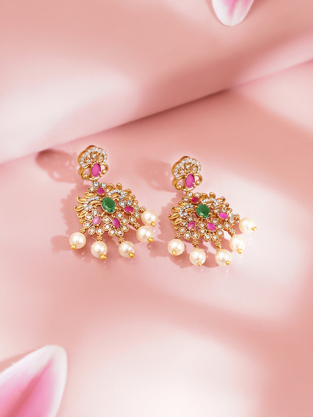 Gold Plated Regal Ruby-Emerald Pearl-Fringed Layered Necklace Set with Maang Tikka
