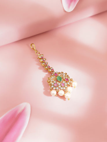 Gold Plated Regal Ruby-Emerald Pearl-Fringed Layered Necklace Set with Maang Tikka