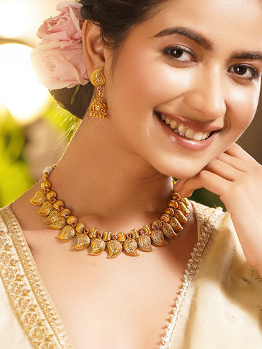 Gold Plated Brass Gold Paisley Charm Ethnic Necklace Set