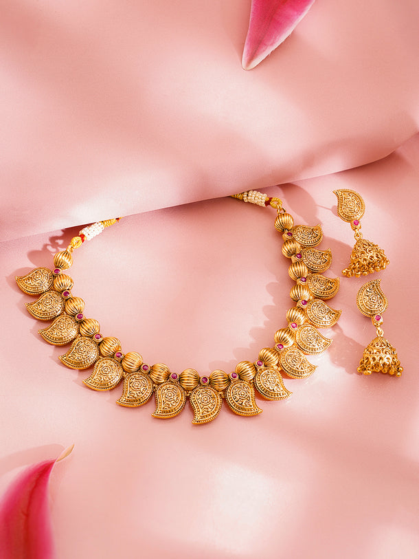 Gold Plated Brass Gold Paisley Charm Ethnic Necklace Set