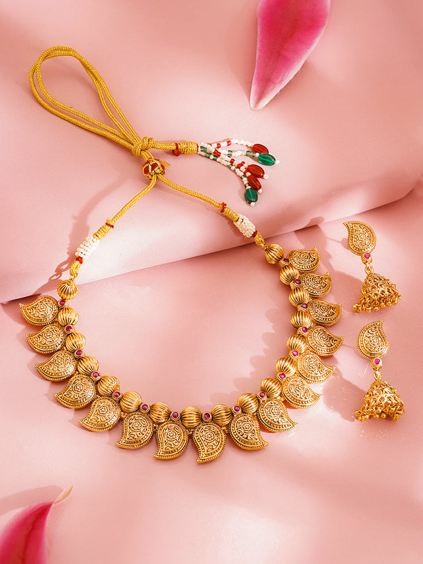 Gold Plated Brass Gold Paisley Charm Ethnic Necklace Set