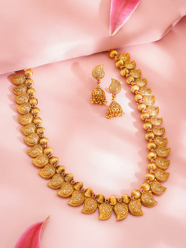 Rubans 18K Gold Plated Brass Gold Beaded Paisley Charm Long Necklace Set