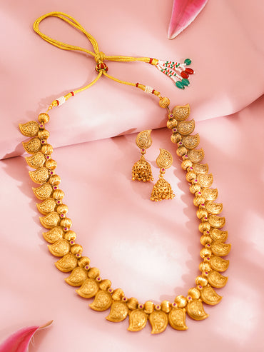 Rubans 18K Gold Plated Brass Gold Beaded Paisley Charm Long Necklace Set