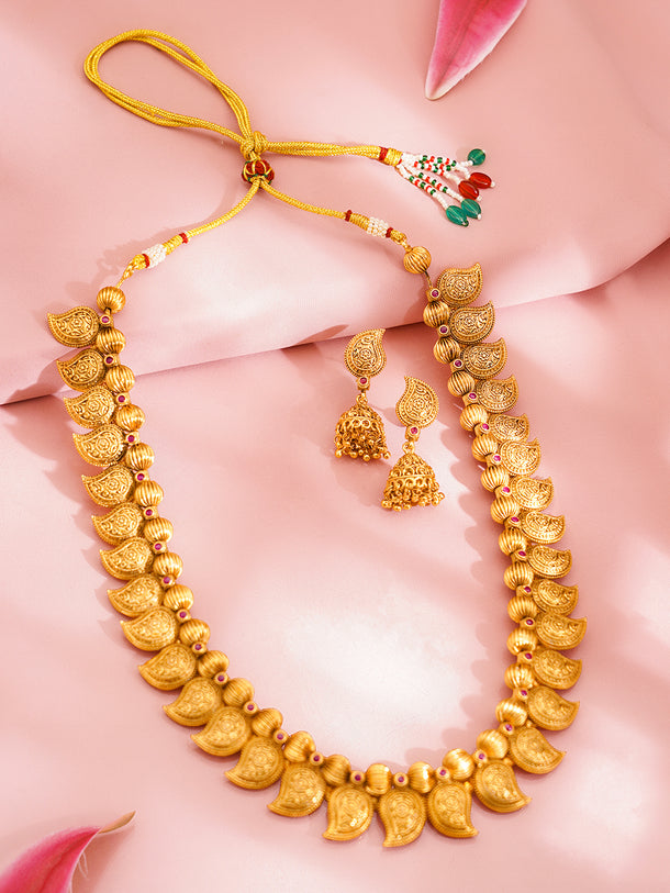 Rubans 18K Gold Plated Brass Gold Beaded Paisley Charm Long Necklace Set