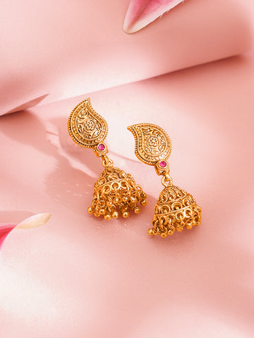Rubans 18K Gold Plated Brass Gold Beaded Paisley Charm Long Necklace Set
