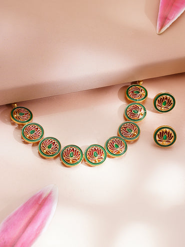 Gold Plated Lotus Motif Round Necklace Set