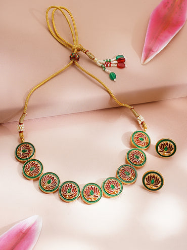 Gold Plated Lotus Motif Round Necklace Set