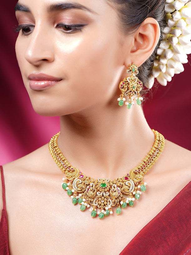 Gold Plated Marigold Bloom Temple Necklace Set