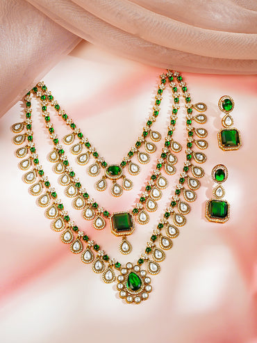 Gold plated Teardrop Layered Emerald Necklace Set