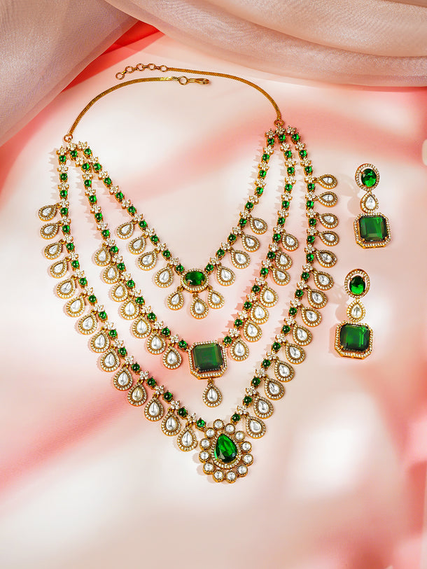 Gold plated Teardrop Layered Emerald Necklace Set