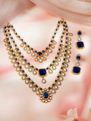 Gold plated Teardrop Layered Blue Sapphire Necklace Set