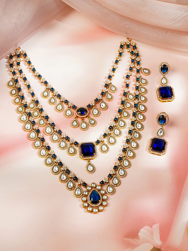 Gold plated Teardrop Layered Blue Sapphire Necklace Set