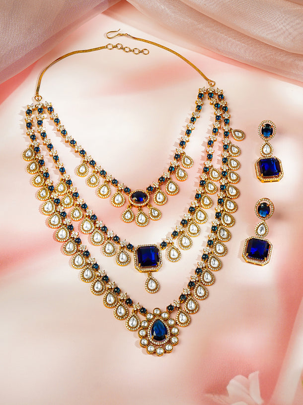 Gold plated Teardrop Layered Blue Sapphire Necklace Set