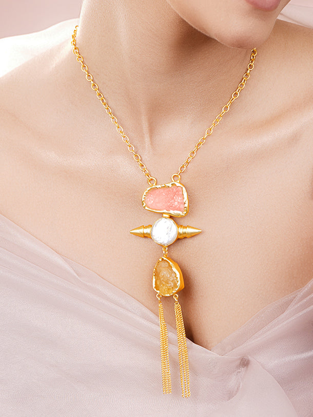 Semi Precious Gemstone Tassel Pendant Necklace