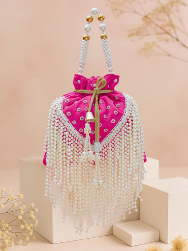 Rubans Embellished Potli Clutch with Fringe Detailing & Beaded Handle