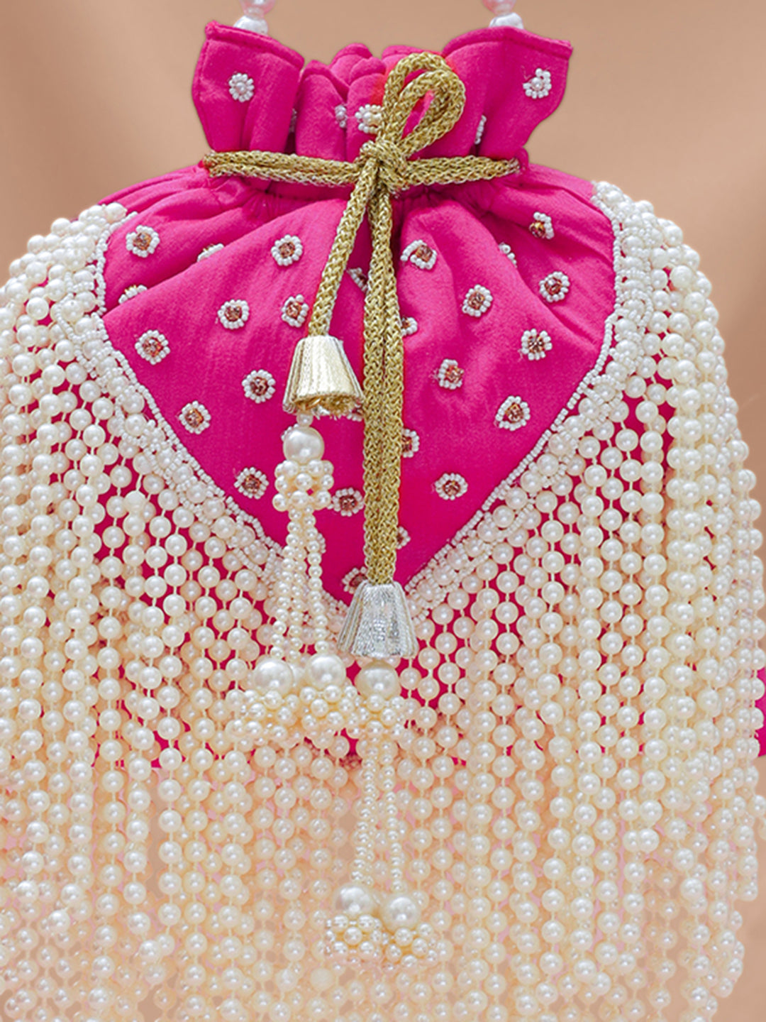 Rubans Embellished Potli Clutch with Fringe Detailing & Beaded Handle