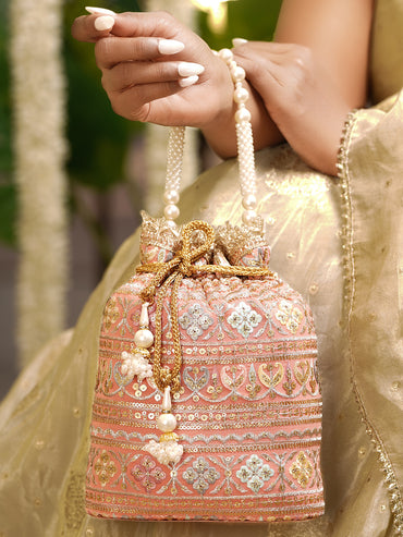 Peach Pink Embroidered Bridal Potli Bag with Pearl Handle