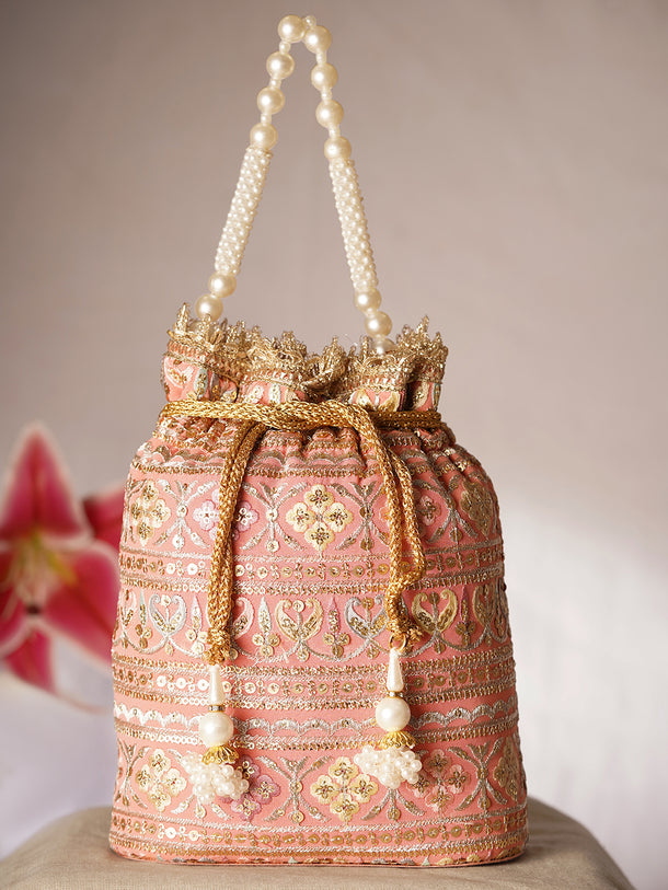 Peach Pink Embroidered Bridal Potli Bag with Pearl Handle