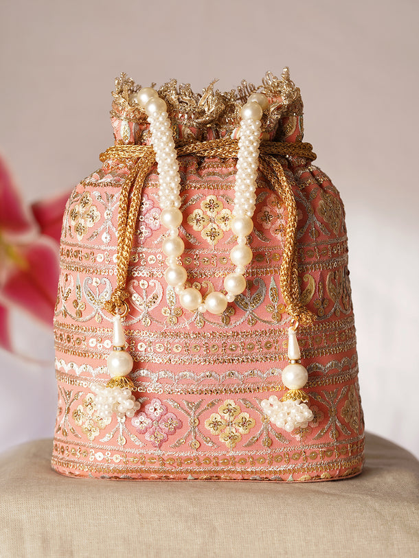 Peach Pink Embroidered Bridal Potli Bag with Pearl Handle