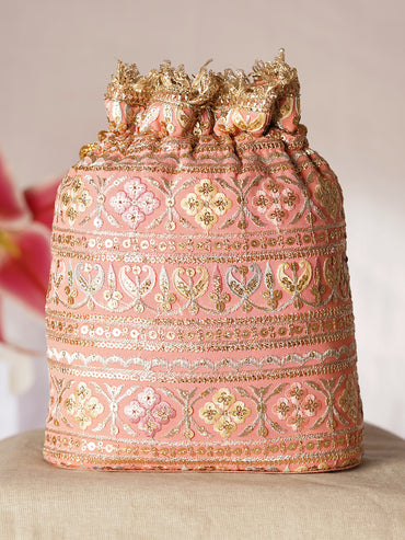 Peach Pink Embroidered Bridal Potli Bag with Pearl Handle