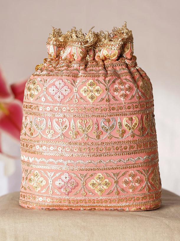 Peach Pink Embroidered Bridal Potli Bag with Pearl Handle