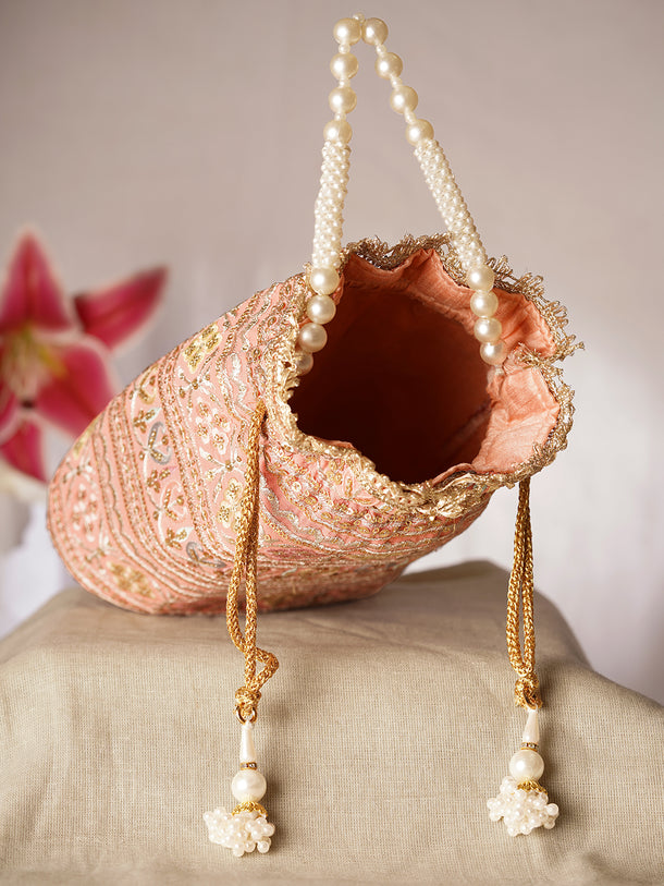 Peach Pink Embroidered Bridal Potli Bag with Pearl Handle