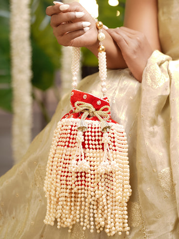 Red Cascading Pearl Embellished Ethnic Potli Bag