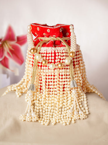 Red Cascading Pearl Embellished Ethnic Potli Bag