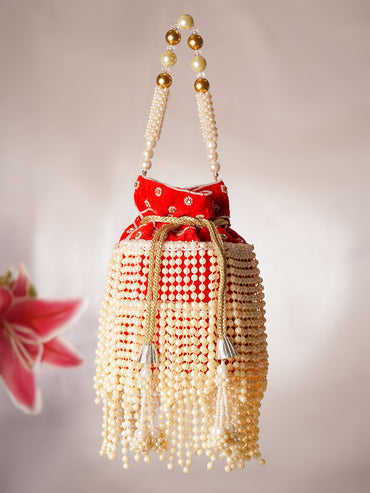 Red Cascading Pearl Embellished Ethnic Potli Bag