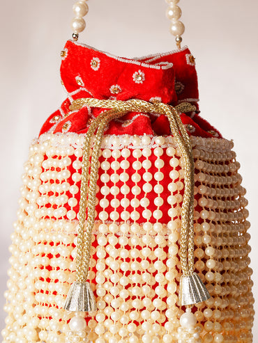 Red Cascading Pearl Embellished Ethnic Potli Bag