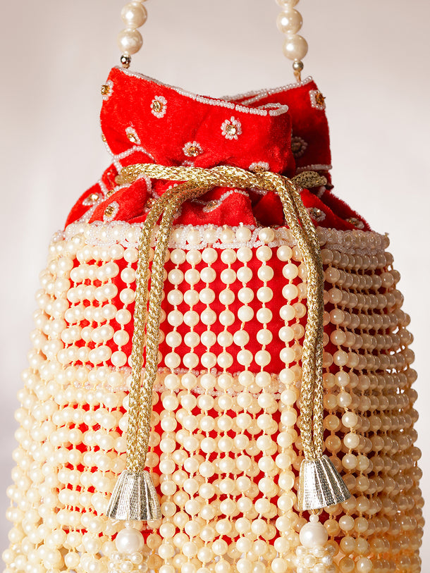 Red Cascading Pearl Embellished Ethnic Potli Bag