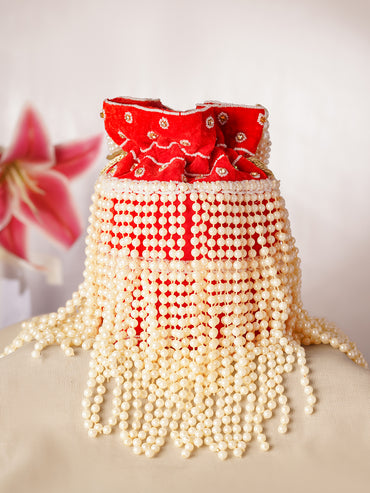 Red Cascading Pearl Embellished Ethnic Potli Bag