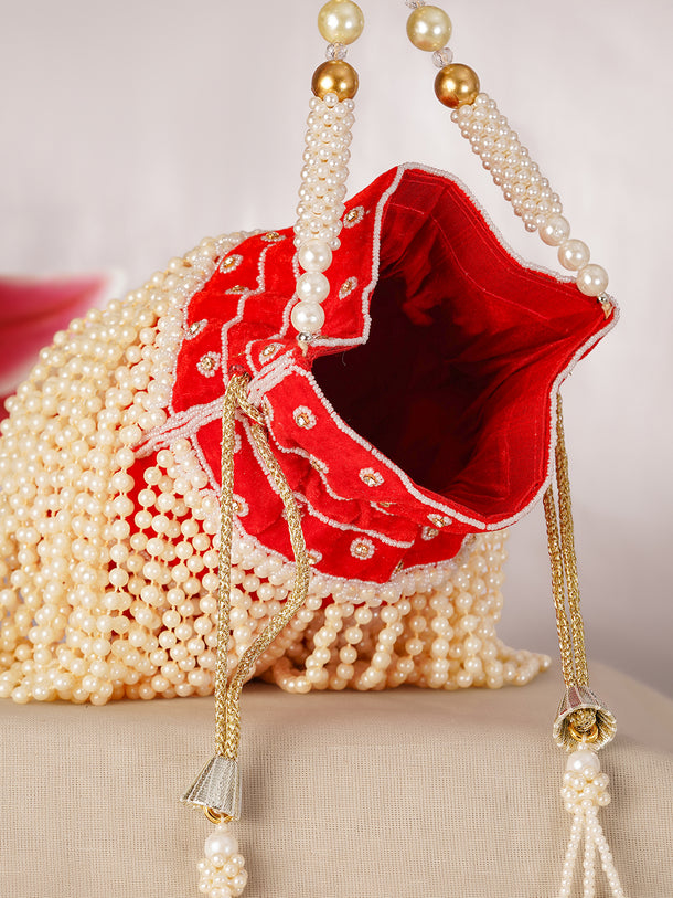 Red Cascading Pearl Embellished Ethnic Potli Bag