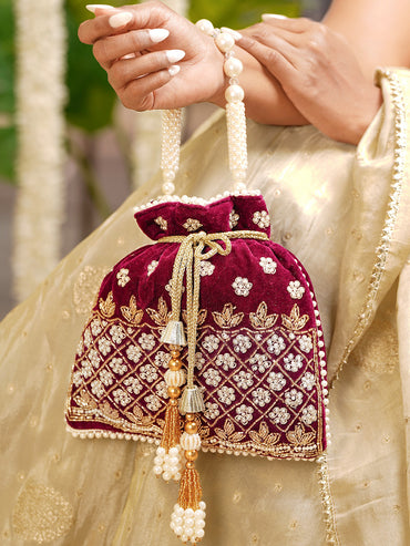 Royal Maroon Velvet Embroidered Bridal Potli Bag with Pearl Handle
