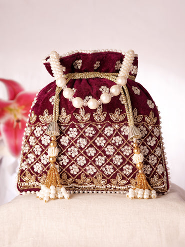 Royal Maroon Velvet Embroidered Bridal Potli Bag with Pearl Handle