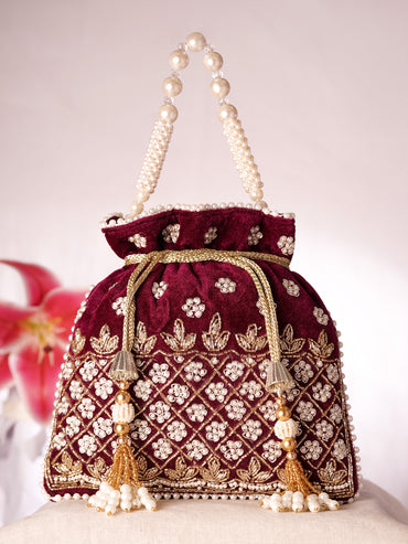 Royal Maroon Velvet Embroidered Bridal Potli Bag with Pearl Handle