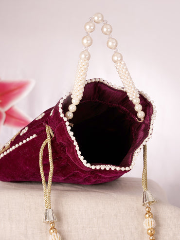 Royal Maroon Velvet Embroidered Bridal Potli Bag with Pearl Handle