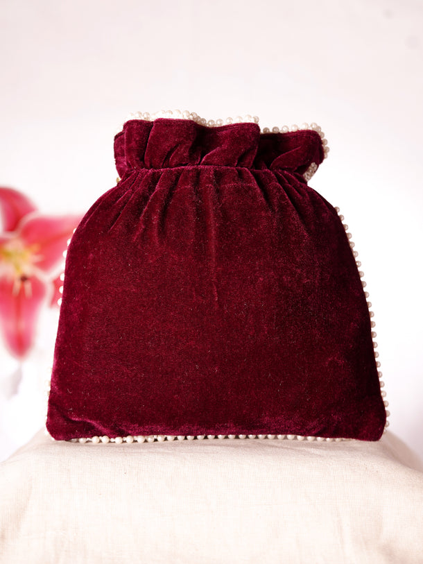 Royal Maroon Velvet Embroidered Bridal Potli Bag with Pearl Handle