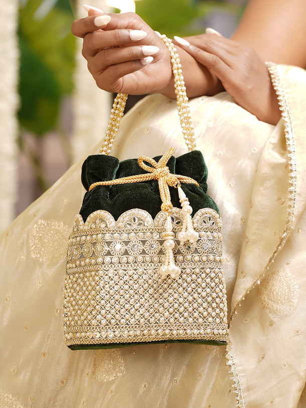 Deep Green Velvet Pearl Lattice Potli Bag