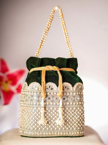 Deep Green Velvet Pearl Lattice Potli Bag