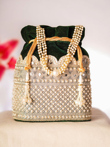 Deep Green Velvet Pearl Lattice Potli Bag