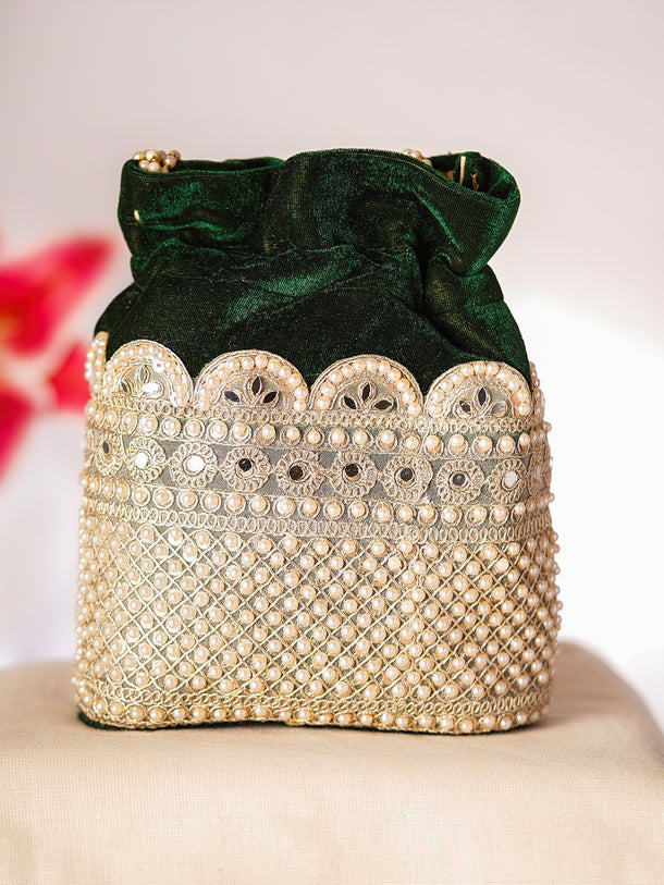 Deep Green Velvet Pearl Lattice Potli Bag